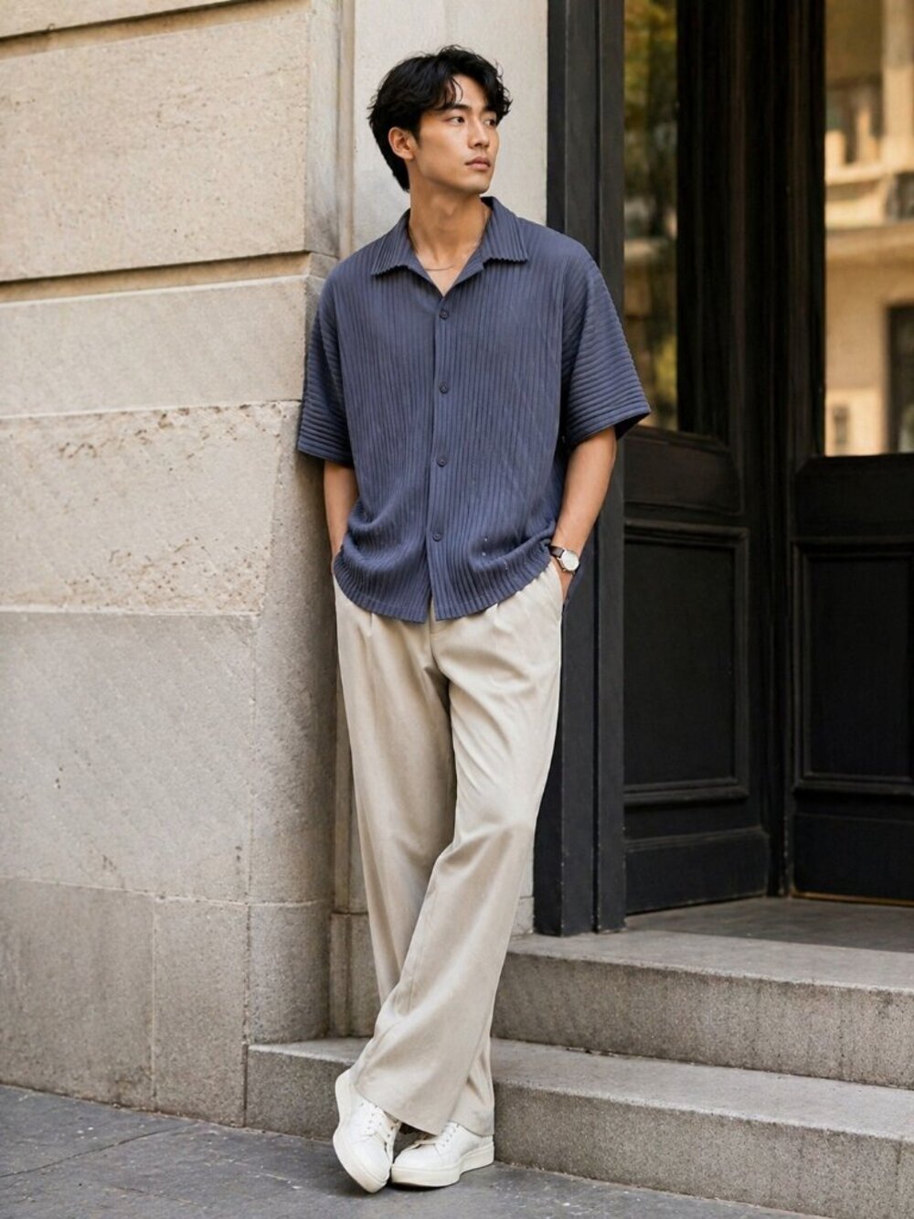 Manière De Voir Men Pleated Short Sleeve Button Up Shirt Blue Lagenlook Textured - Picture 2 of 15